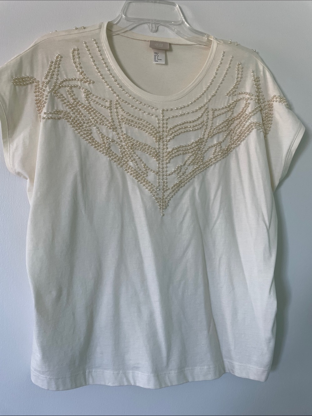 H&M Cream Short Sleeve Tee with Pearl Embellishment
